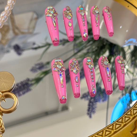 Long Pink Reinstone Handmade Press On Nails - Picture 2 of 5